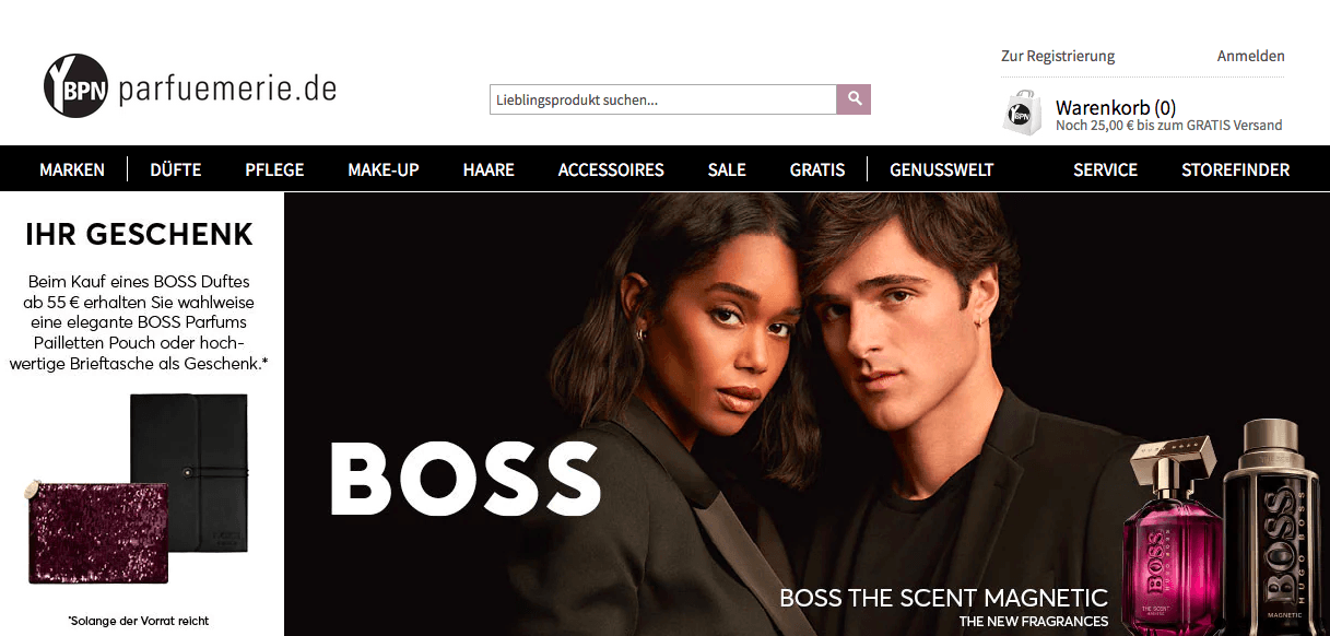 Online Shop von Parfuemerie.de mit Werbung für ein Gratis Geschenk zu deiner BOSS Bestellung
