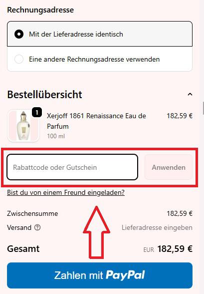 Screenshot vom Eingabefeld mit Hinweis darauf, wo du den ParfumGroup Gutschein einlösen kannst