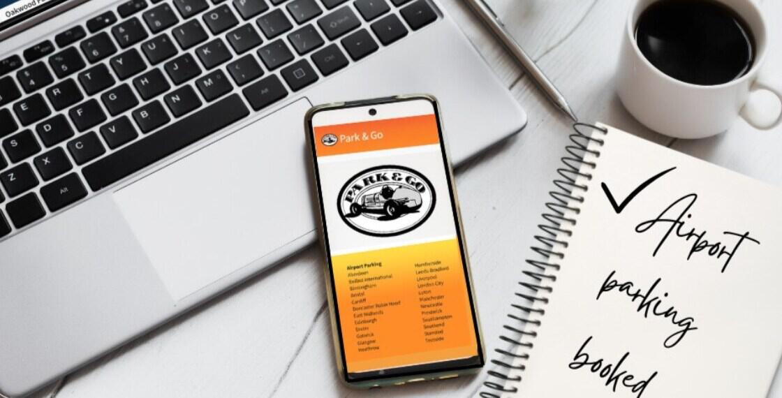 Park and Go booking confirmation image shoqing a mobile with company details on the screen