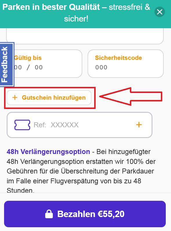 Screenshot vom Eingabefeld mit Hinweis darauf, wo du deinen Parken und Fliegen Gutschein einlösen kannst