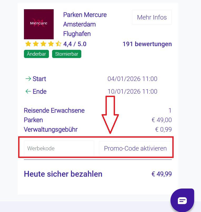 Screenshot von der Bestellübersicht, um einen ParkVia Gutschein einzugeben