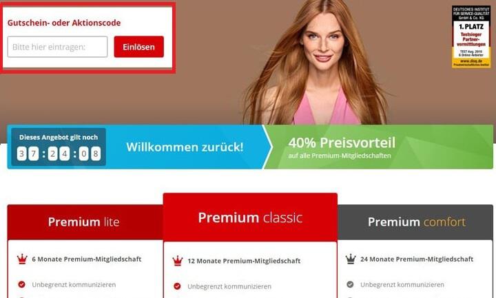 Screenshot vom Eingabefeld oberhalb der Premium-Optionen, wo du einen Parship Gutschein einlösen kannst