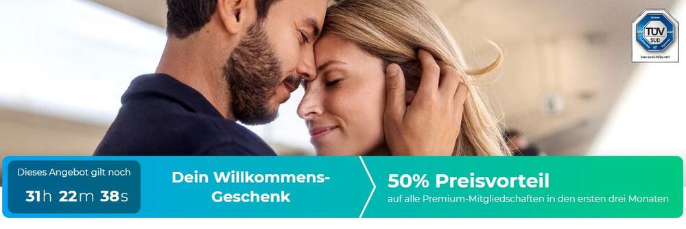 Banner für 50 % Parship Neukundenrabatt mit Countdown und Foto von Mann und Frau, die ihre Köpfe gegeneinanderlehnen