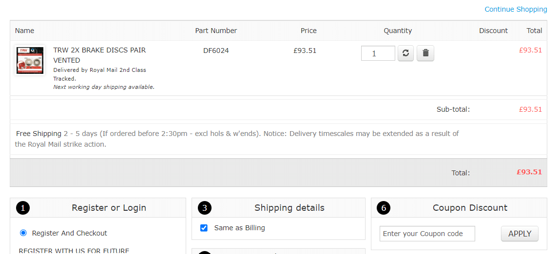 The Parts in Motion discount code application box on the shopping cart page
