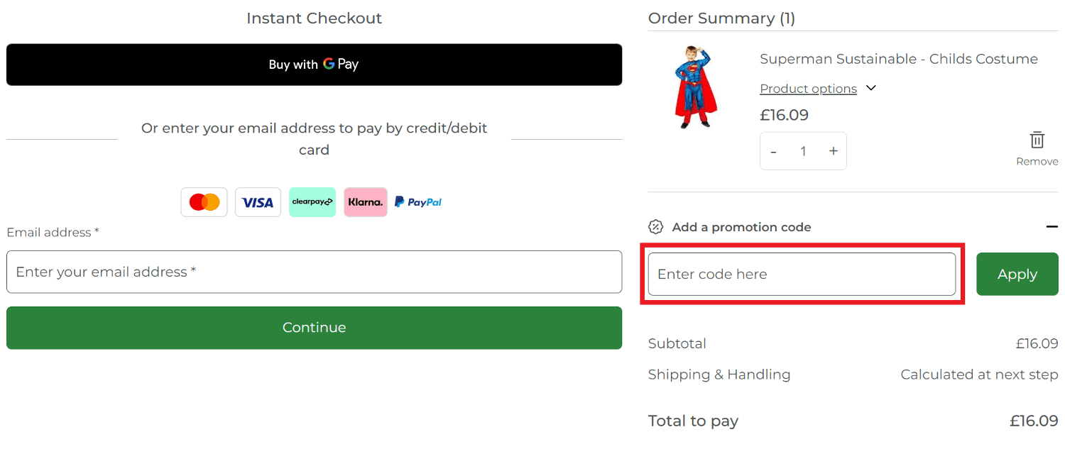 Party Delights discount code redemption box in shopping basket