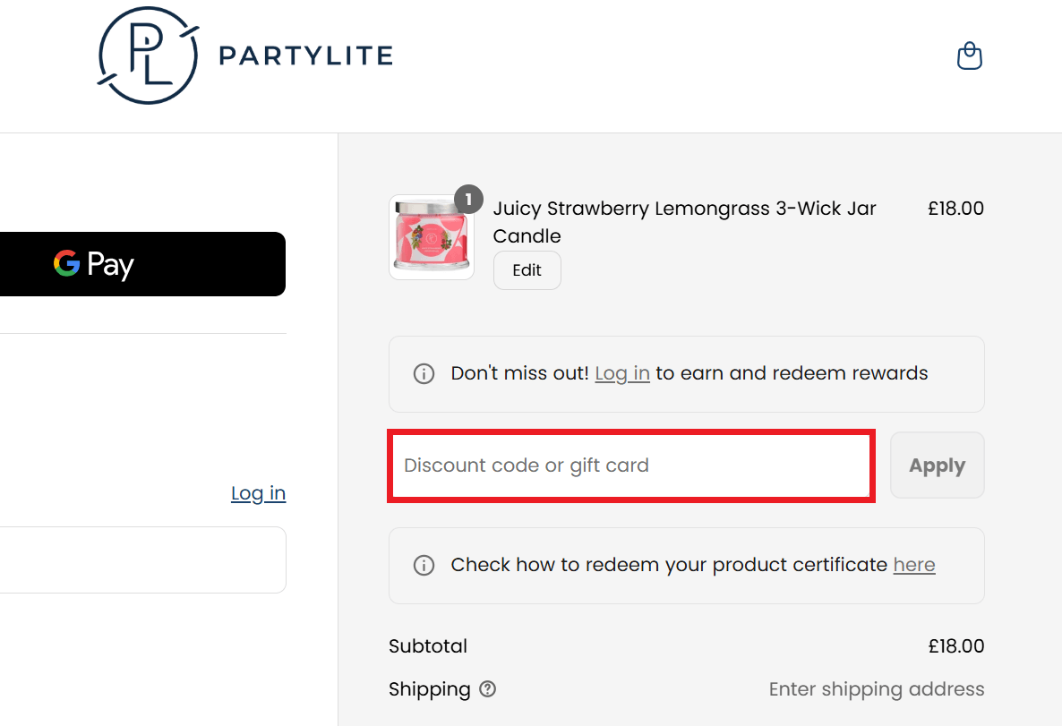 PartyLite discount code box in the shopping basket