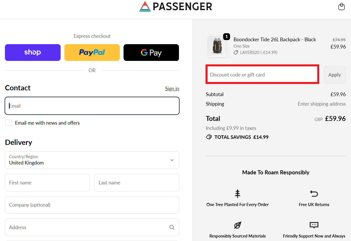 Passenger Clothing discount code in shopping bag image