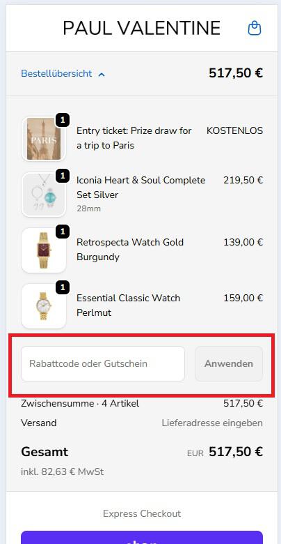 Eingabefeld für den Paul Valentine Rabattcode im Warenkorb