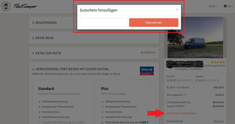 Screenshot der Buchungsübersicht mit Eingabefeld, wo du einen PaulCamper Gutschein einlösen kannst