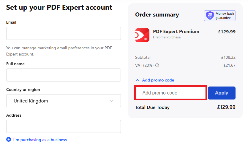 PDF Expert discount code redemption box image