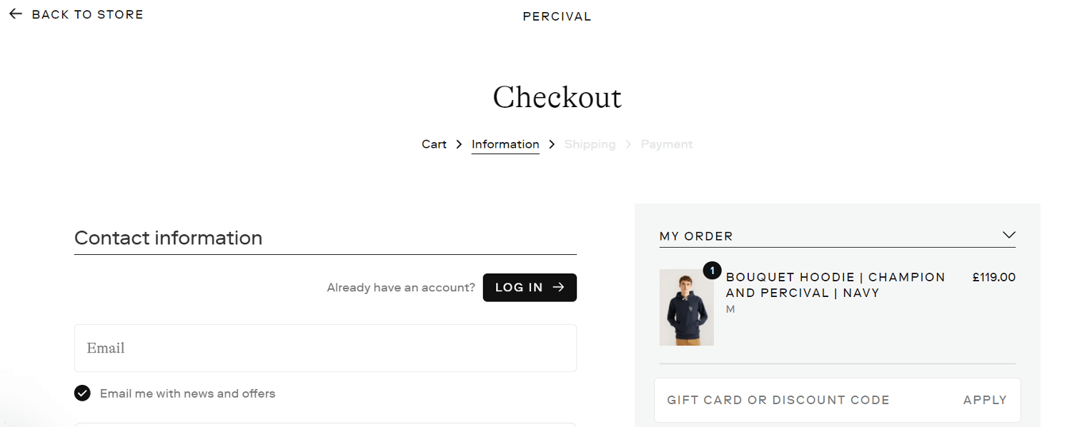 Percival discount code redemption box on the basket website page