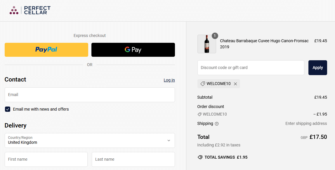 The Perfect Cellar discount code entry box on the My Basket page of the website