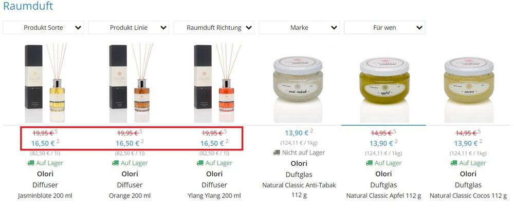 Screenshot aus dem Perfumetrader Online-Shop, der reduzierte Raumdüfte in der Artikelübersicht zeigt