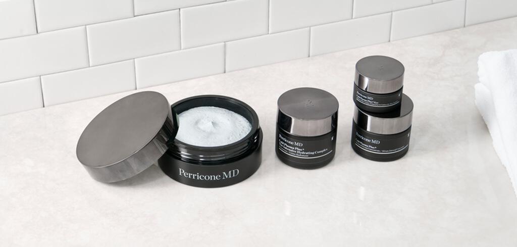 Perricone MD savings banner sowing a collection of different size branded pots of cream on a white surface