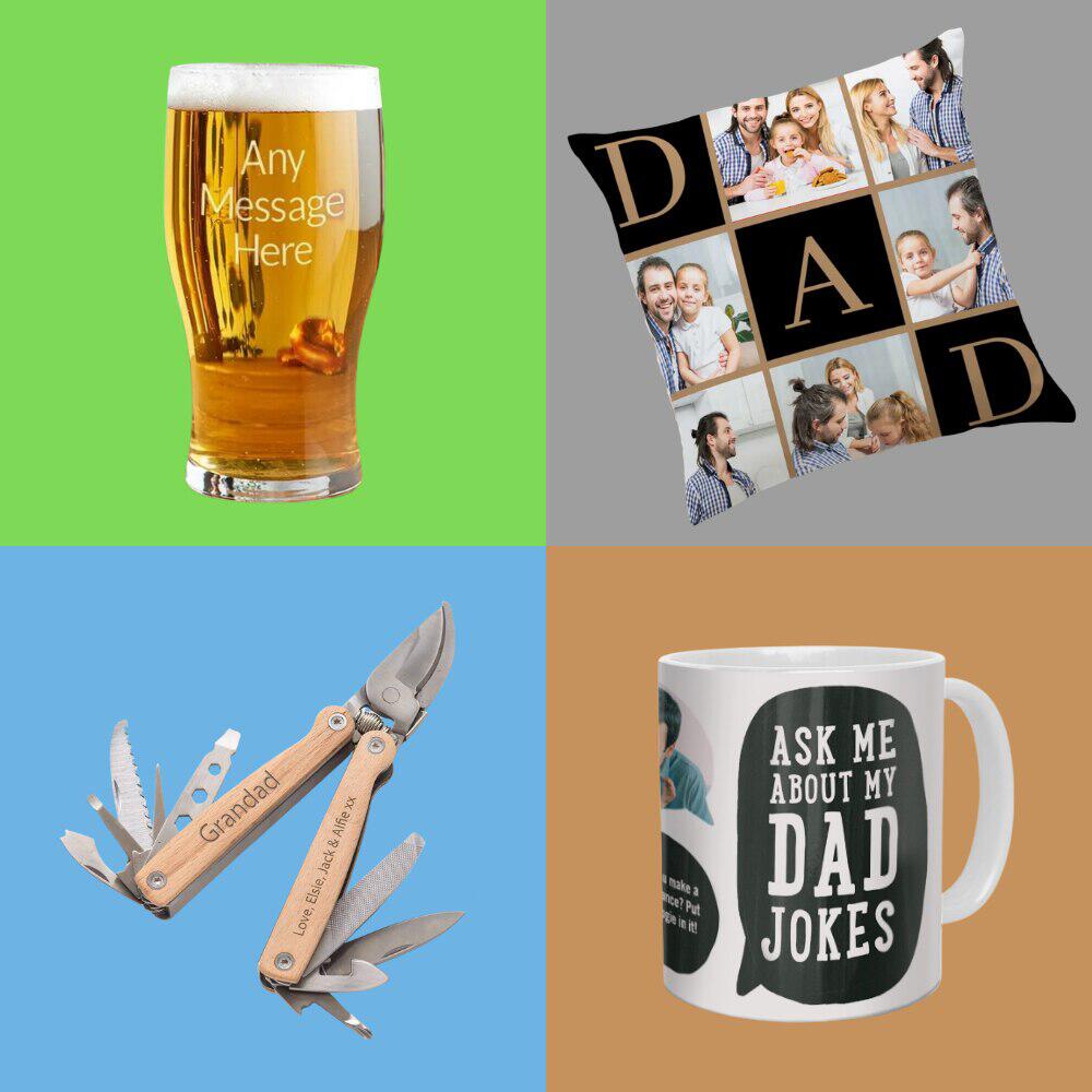 Personalised Father's Day Gifts image featuring a selection of gifts, including a personalised beer glass and cushion