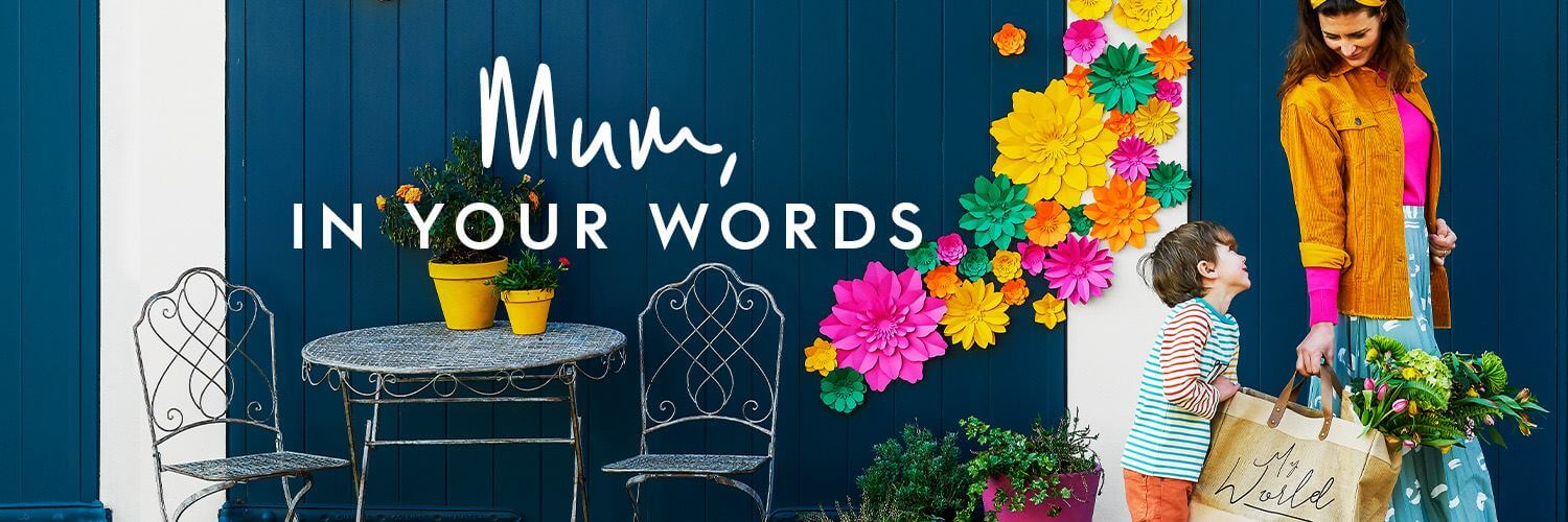 Mother carrying a customised tote bag - a personalised gift for Mother&apos;s Day. Text reads: Mum, in your words.