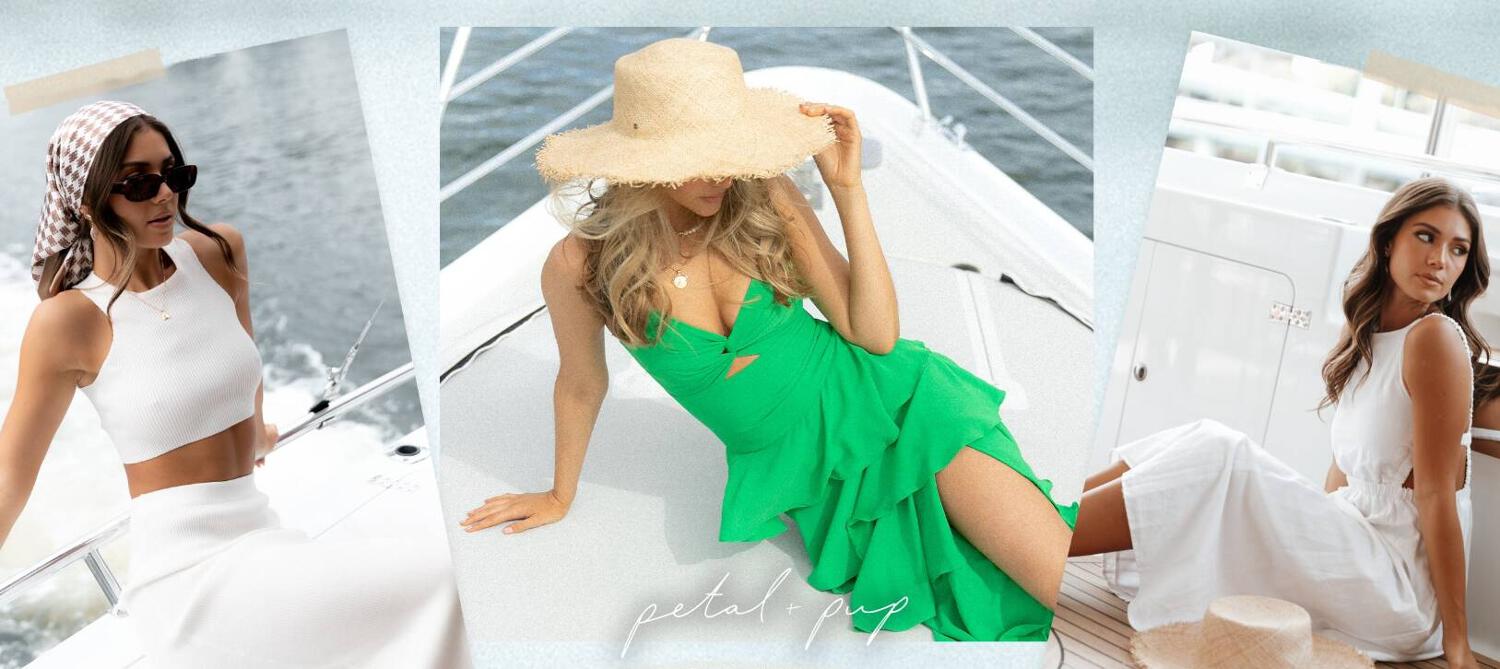 Petal and Pup ways to save banner featuring 3 images of different women in stylish clothing on a yacht