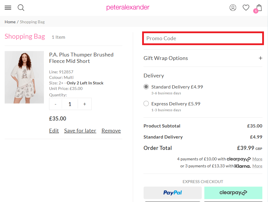 Peter Alexander discount code box in shopping basket