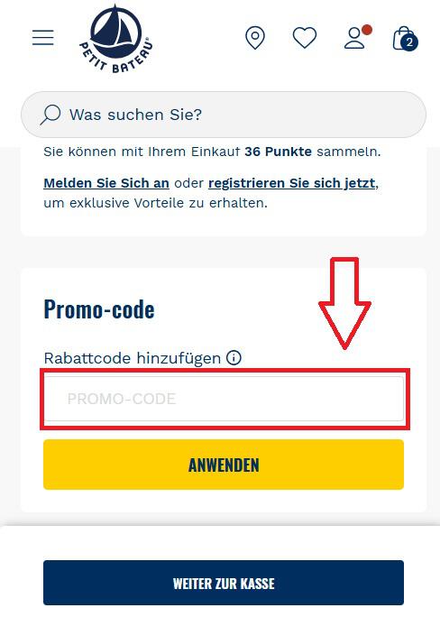 Petit-Bateau Gutschein Eingabefeld