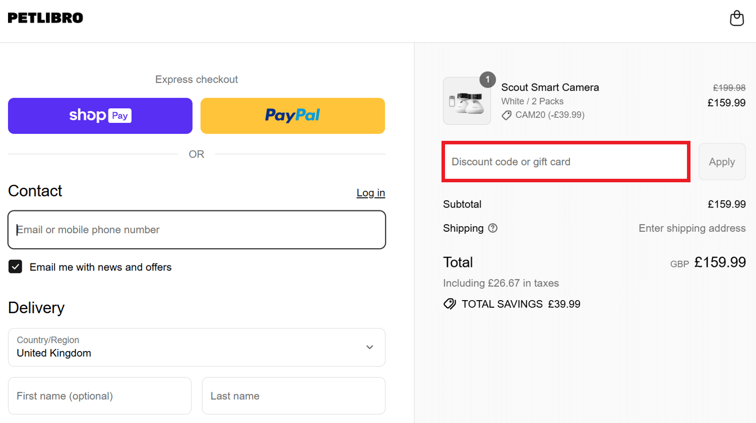 Petlibro discount code box in shopping basket