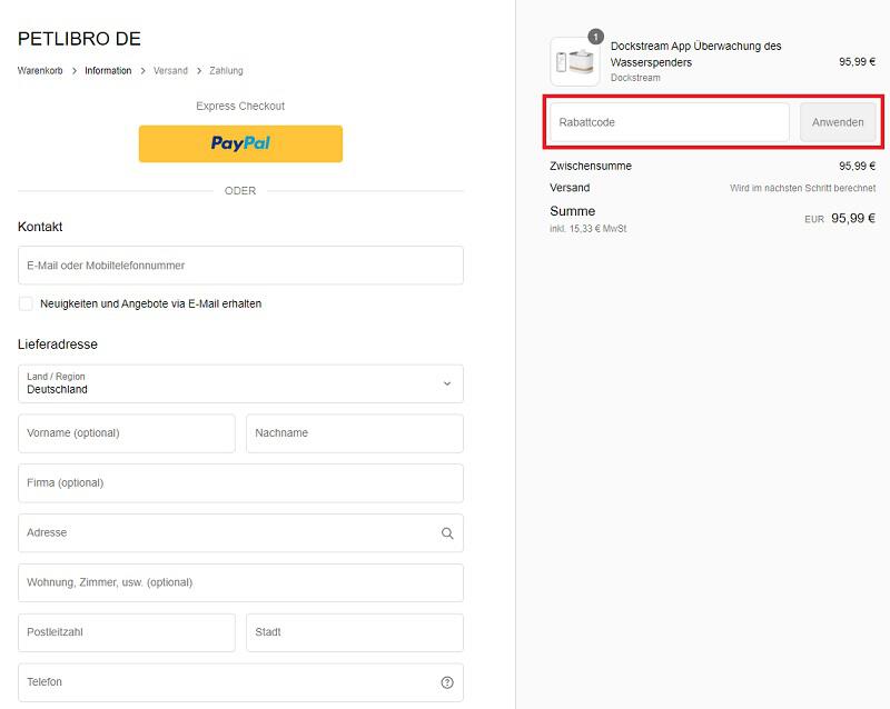 Screenshot aus dem Warenkorb mit Hinweis darauf, wo du den PETLIBRO Rabattcode anwenden kannst