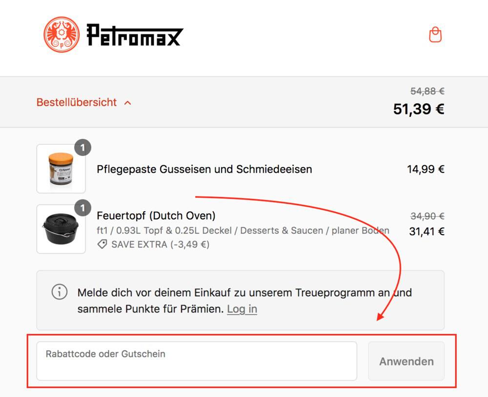 Warenkorb-Screenshot mit Eingabefeld für deinen Petromax Rabattcode