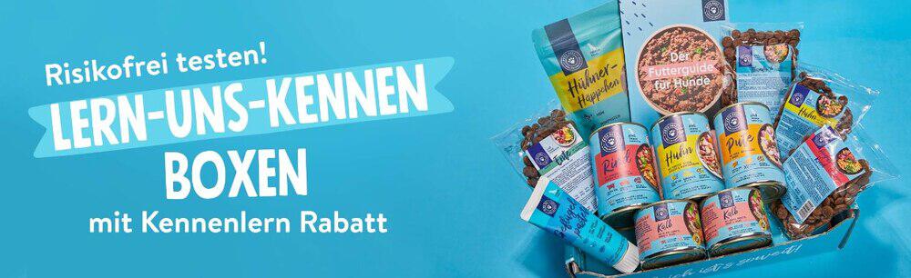 Auswahl an Pets Deli Produkten auf Banner für Boxen mit Kennenlernrabatt