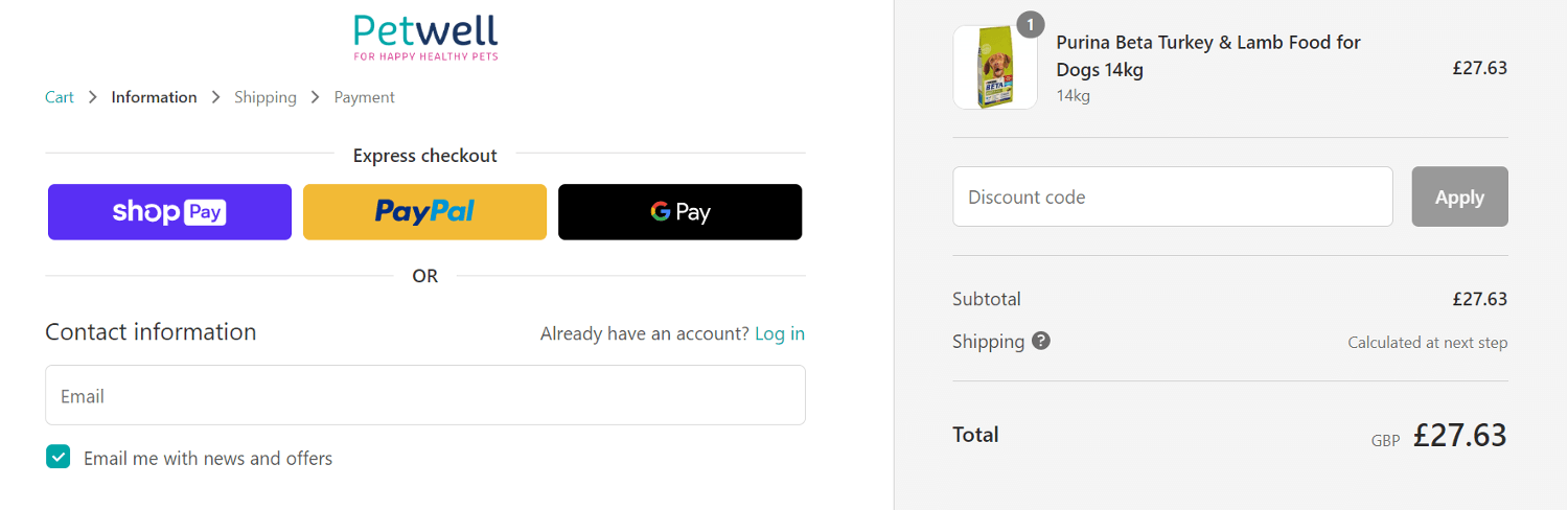 Petwell discount code box - checkout