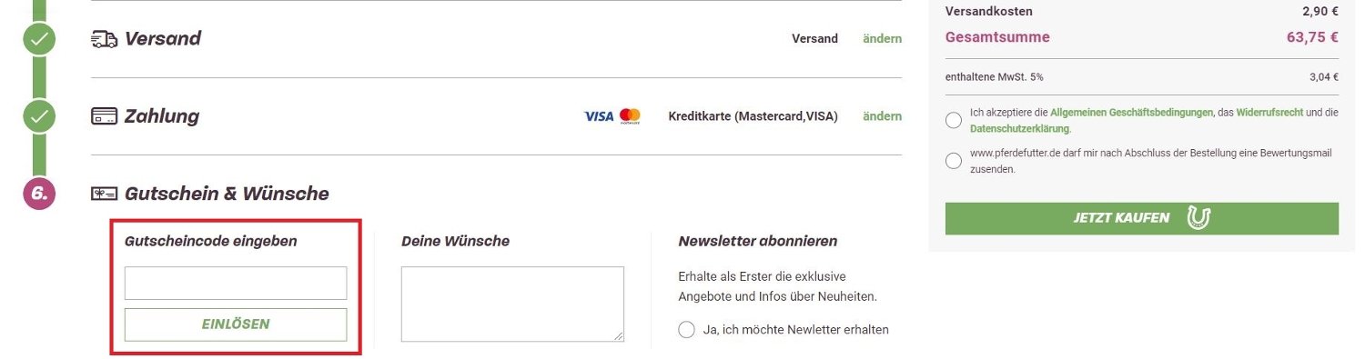 Pferdefutter.de Gutschein im Warenkorb einlösen