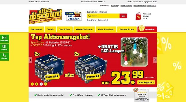 Startseite des Online Shops mit Top Aktionsangebot von Office Discount