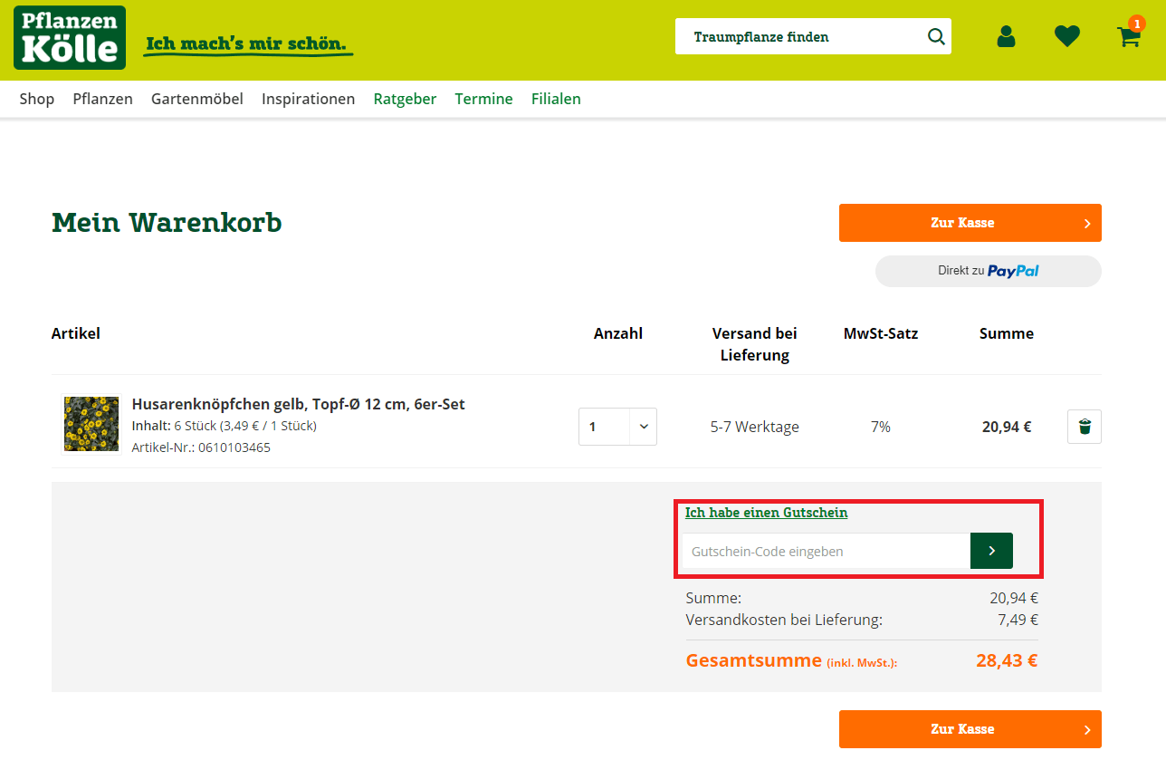 Screenshot vom Eingabefeld, in dem du einen Pflanzen-Kölle-Gutschein eingeben kannst