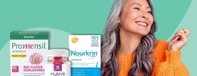 Pharmacy2u Shop savings banner. Woman smiling behind vitamin products