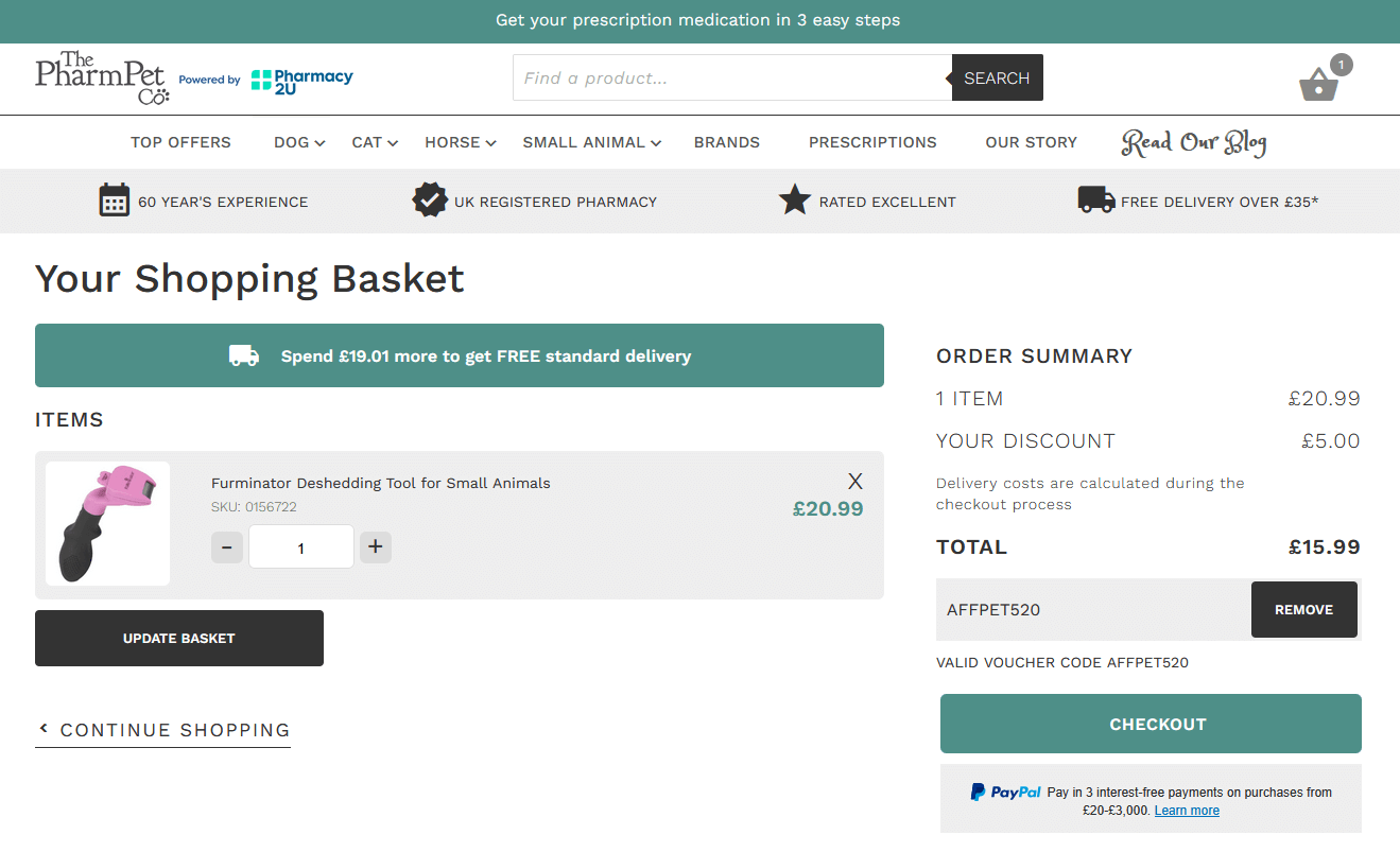 Entry box for your PharmPet Co discount code at the online checkout window