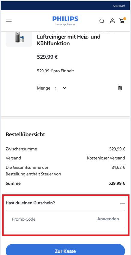 Eingabefeld für Philips Home Appliances Rabattcode