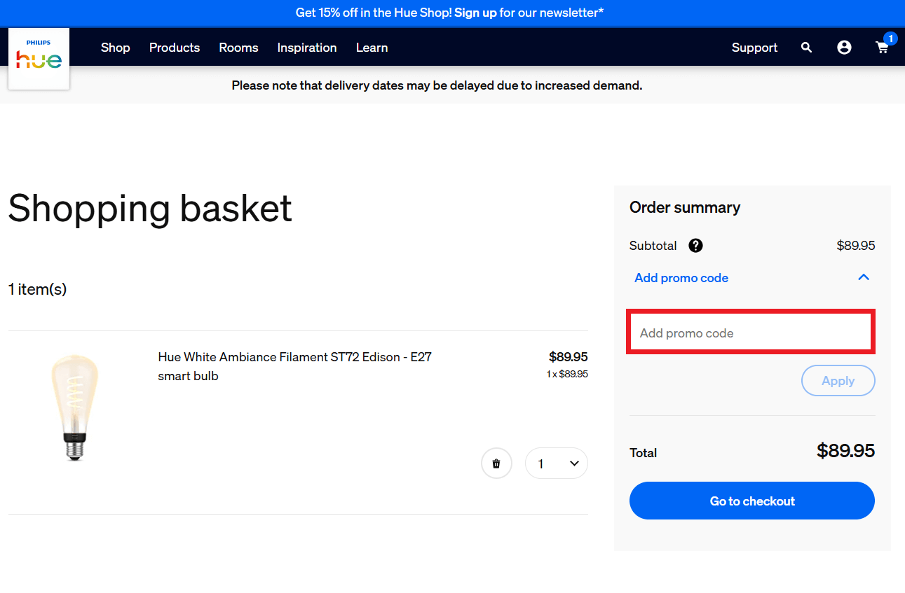 Philips Hue discount code redemption box image