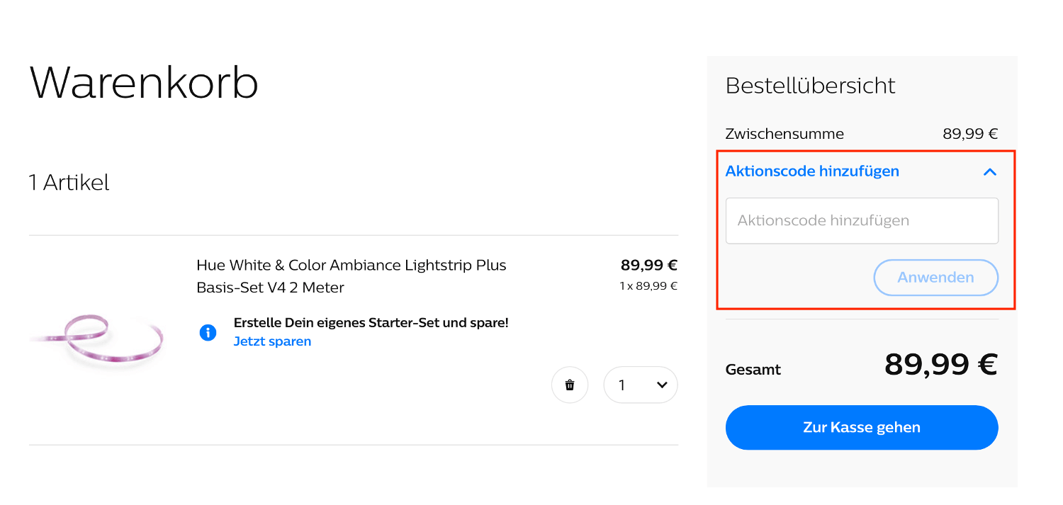 Eingabefeld für den Philips Hue Gutschein im Warenkorb