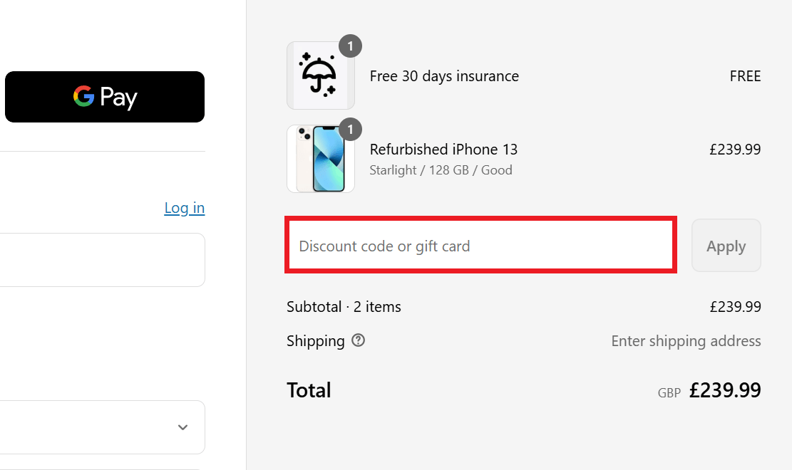 Phones Direct discount code redemption box picture