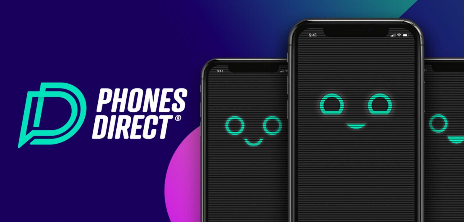 Phones Direct discounts page banner featuring 3 mobile phones with smiley faces on the screen. The company logo is displayed on the left