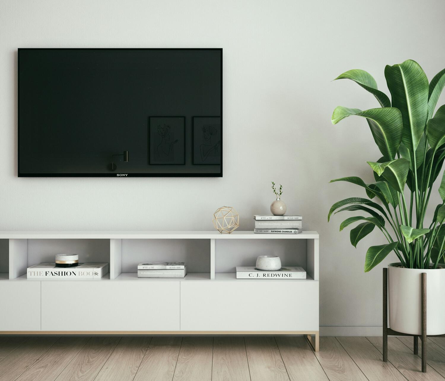 photo Unsplash montrant une télévision éteinte dans un salon