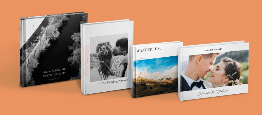 Photobook deals page image - Four different sized photobooks against an orange background