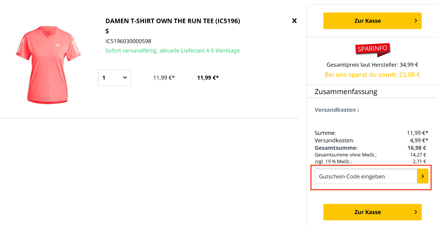 Eingabefeld für den Picksport Gutschein im Warenkorb