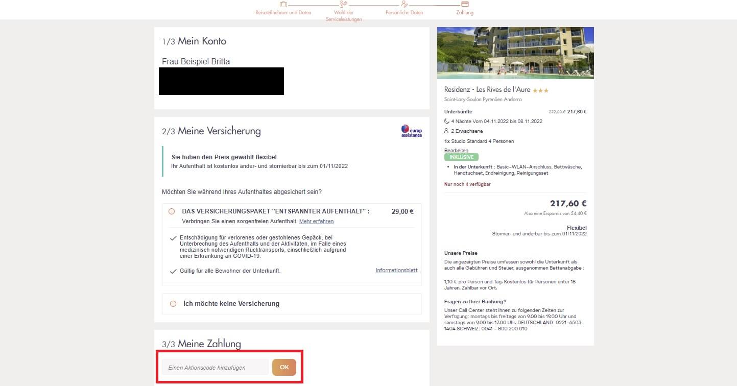 Warenkorbansicht mit EIngabefeld für Pierre-&-Vacances-Gutscheine