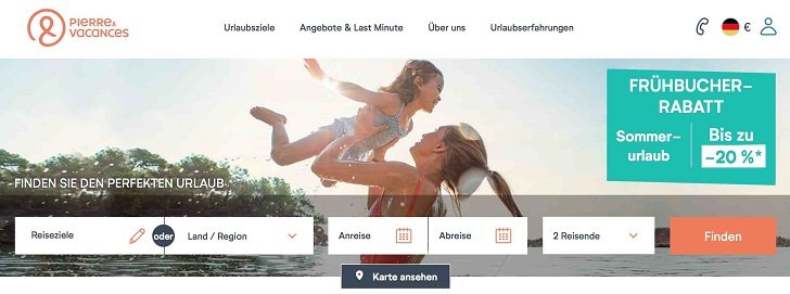 Startseite des Reiseportals mit Buchungsoption und Werbebanner eines Familienurlaubes mit Pierre-&-Vacances-Gutschein