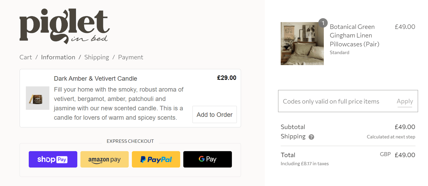 The Piglet in Bed discount code redemption box at checkout