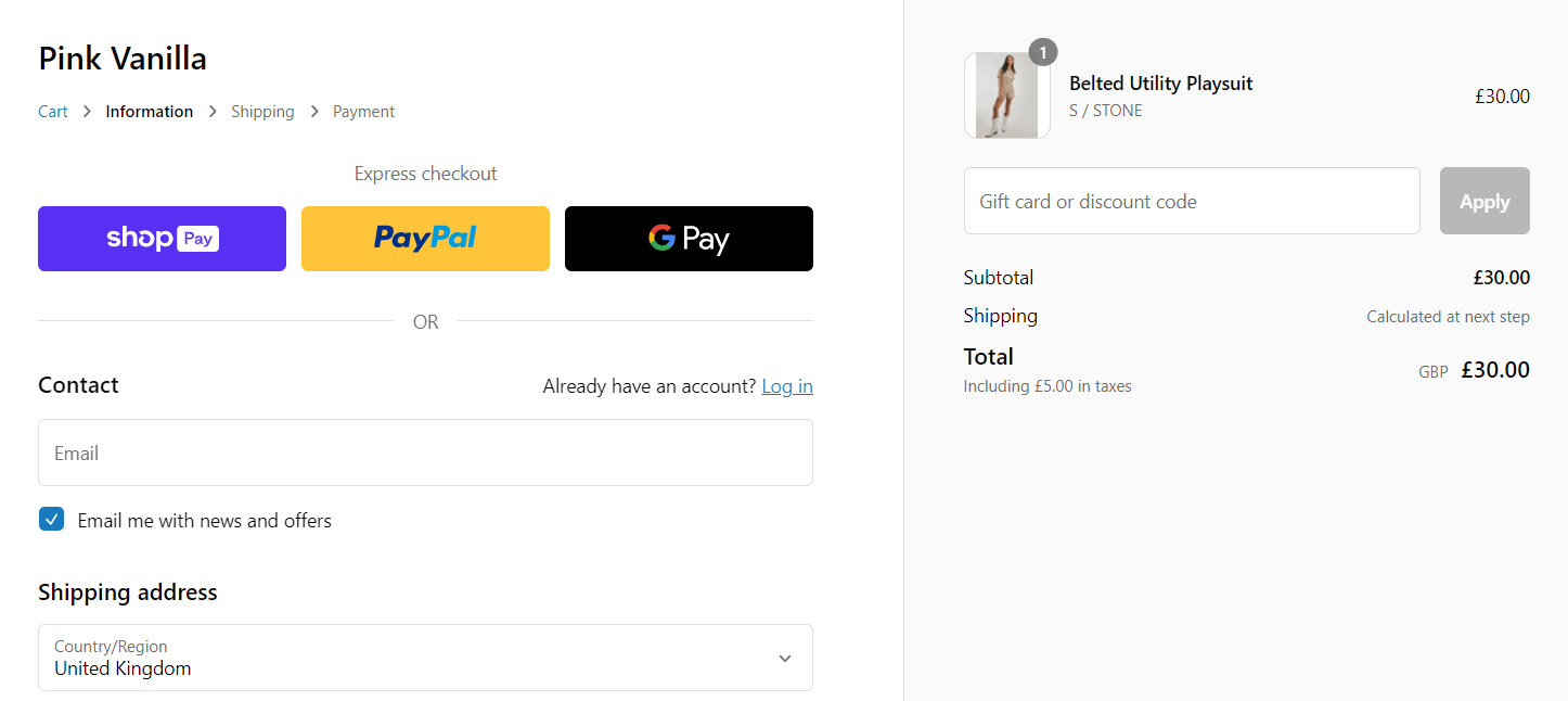 Pink Vanilla discount code entry box on the checkout information page