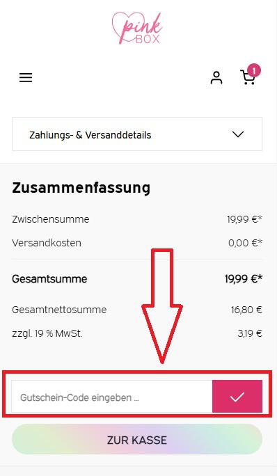 Screenshot vom Eingabefeld mit Hinweis darauf, wo du den Pinkbox Gutschein einlösen kannst