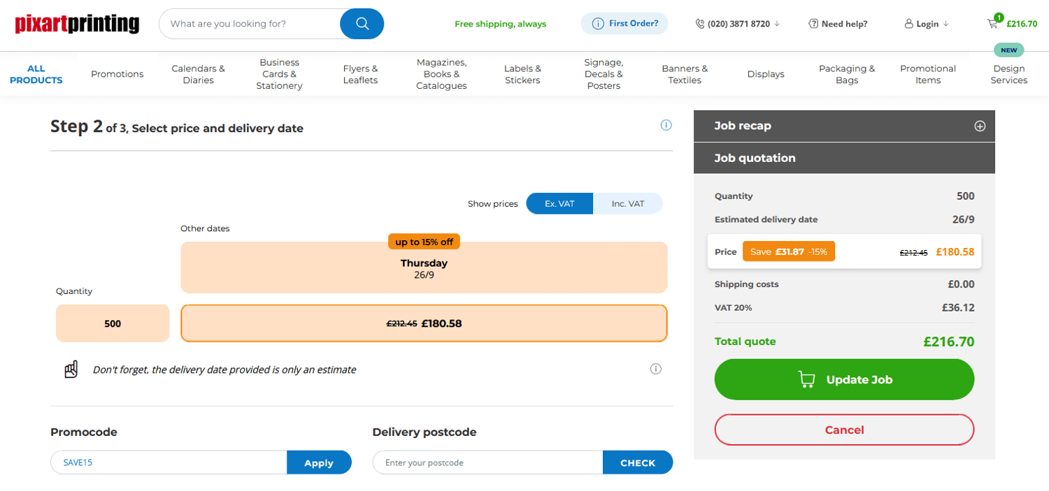 Screenshot of the PixArtPrinting discount code box at checkout on the PixArtPrinting website
