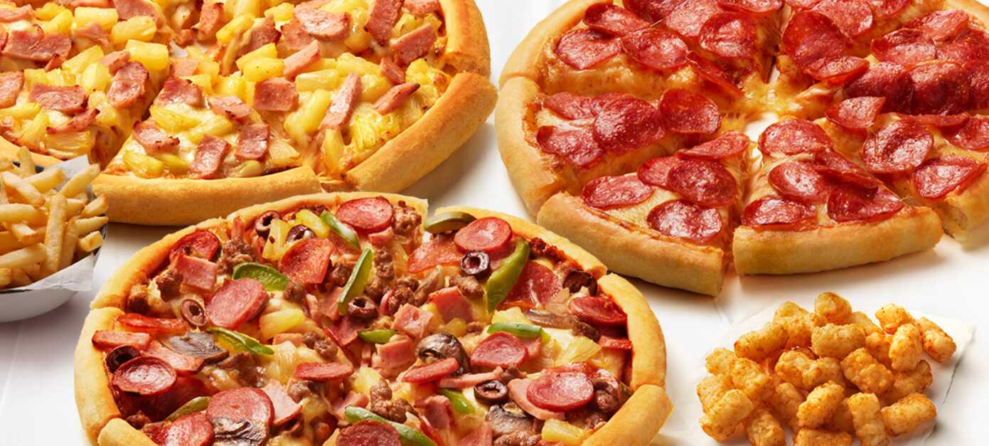 Pizza Hut savings banner. Image shows 3 different pizzas with sides