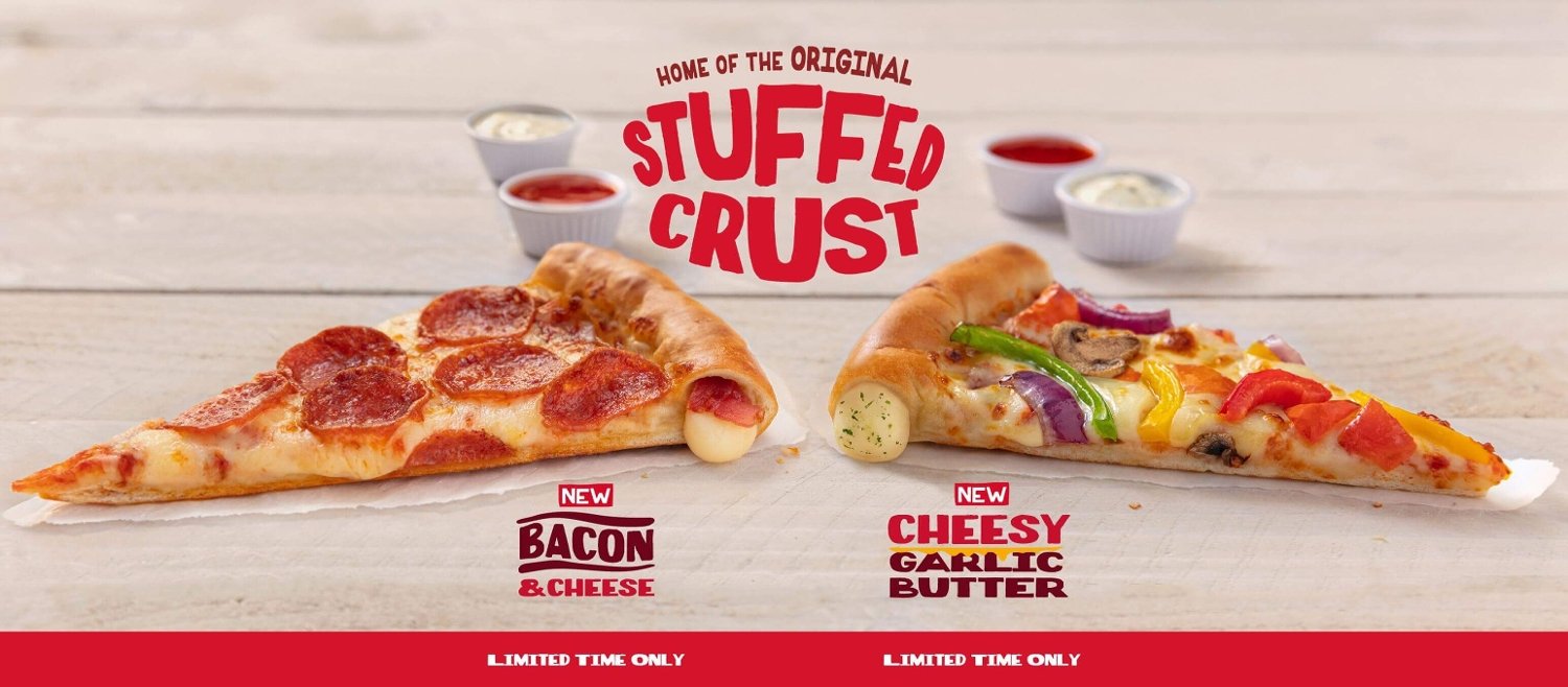 Pizza Hut Pepperoni with bacon and cheese stuffed crust, and Vegetarian pizaz with cheesy garlic butter stuffed crust. Text reads: Home of the original stuffed crust. Limited time only.