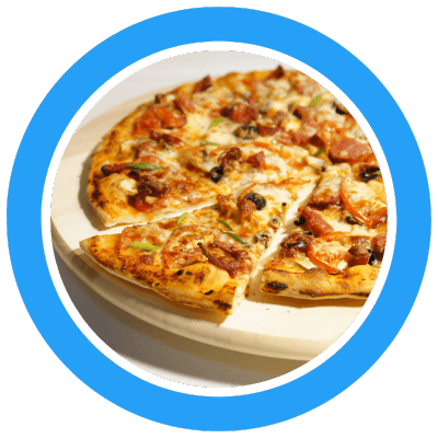 Pizza image showing a pizza sitting on a plate with a slice slightly removed